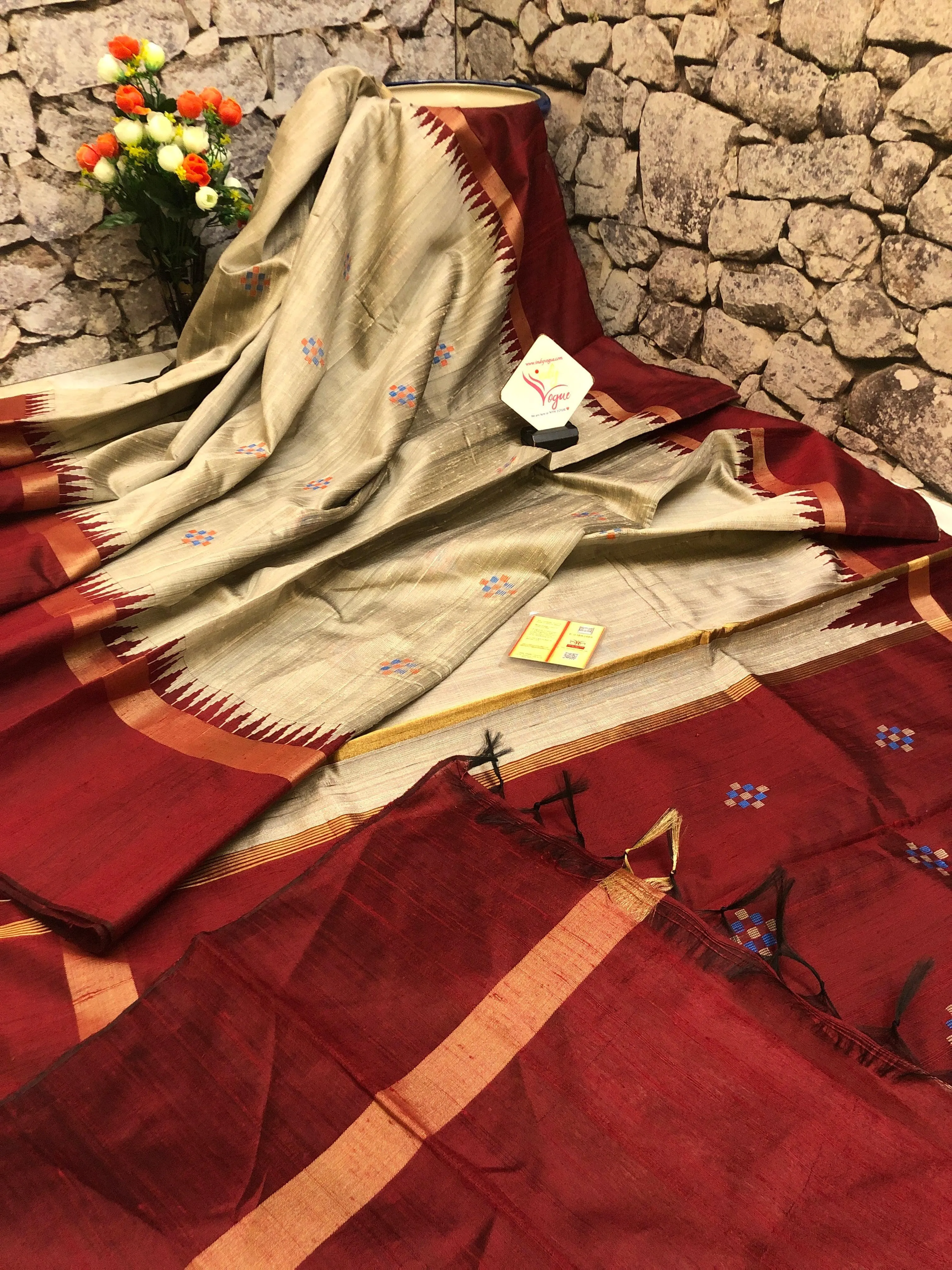 Steel Gray and Maroon Color Raw Silk Saree with Butti