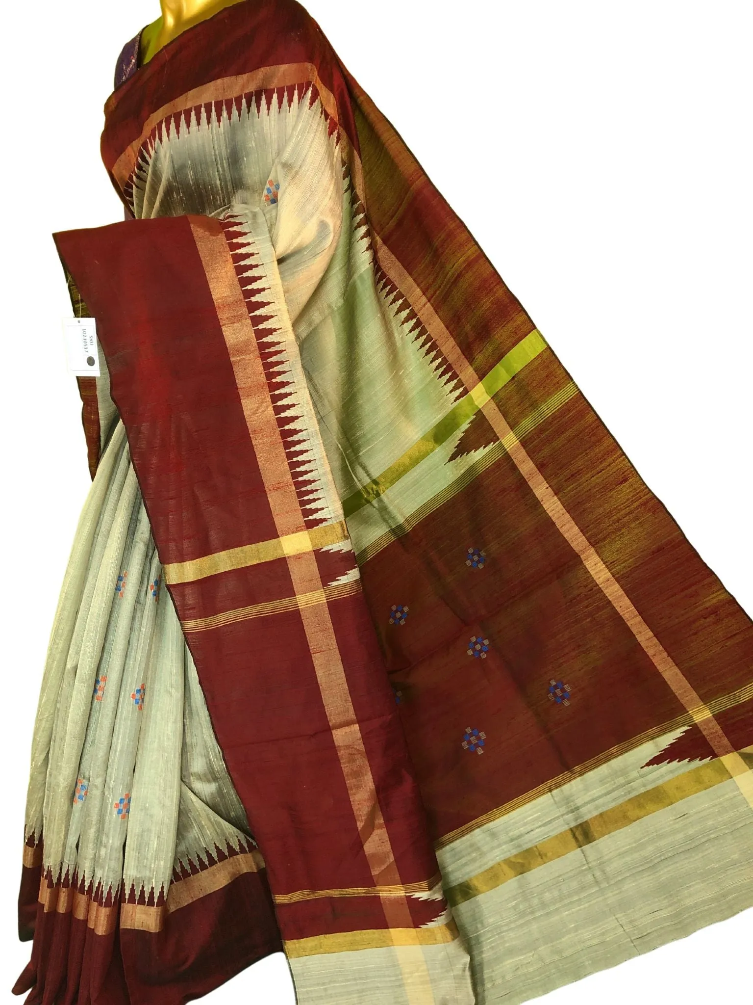 Steel Gray and Maroon Color Raw Silk Saree with Butti