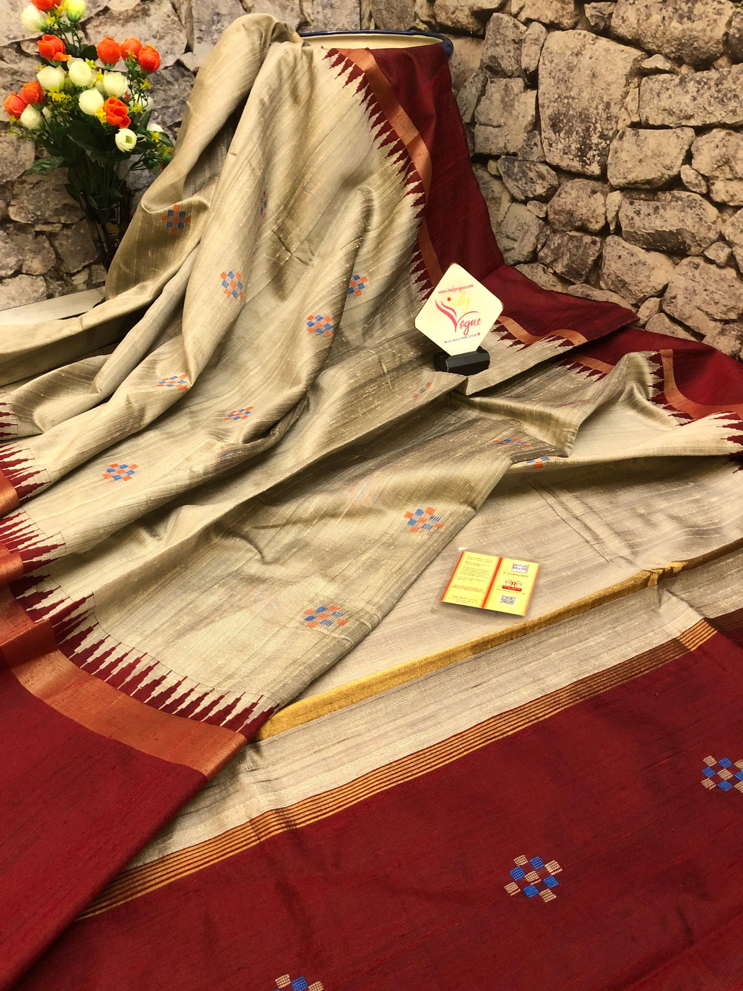 Steel Gray and Maroon Color Raw Silk Saree with Butti