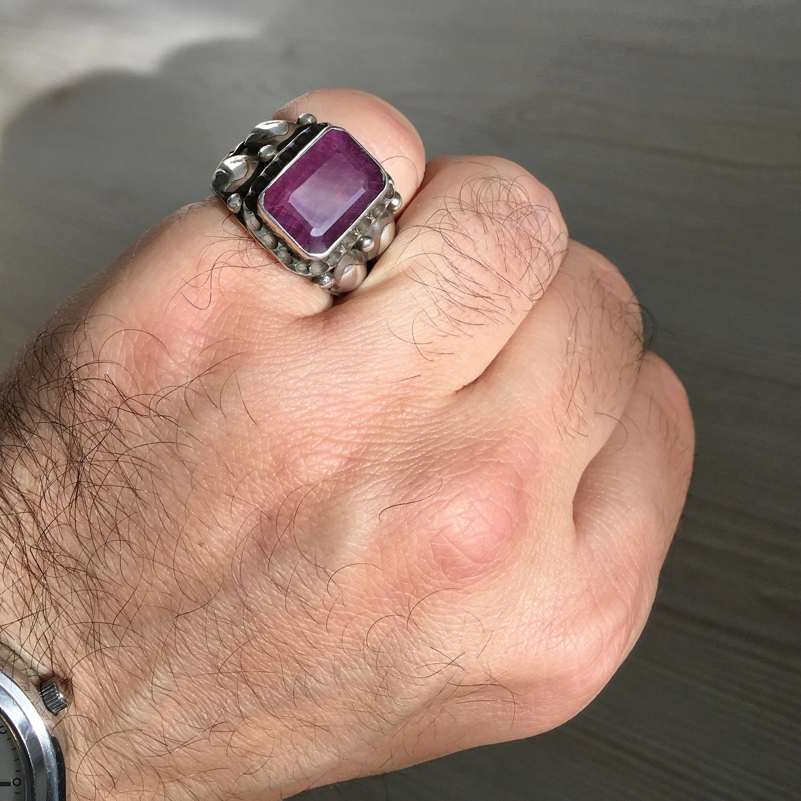 Sterling Silver Unique Handmade Mens Ring Natural Ruby Corundum Gemstone Jewelry