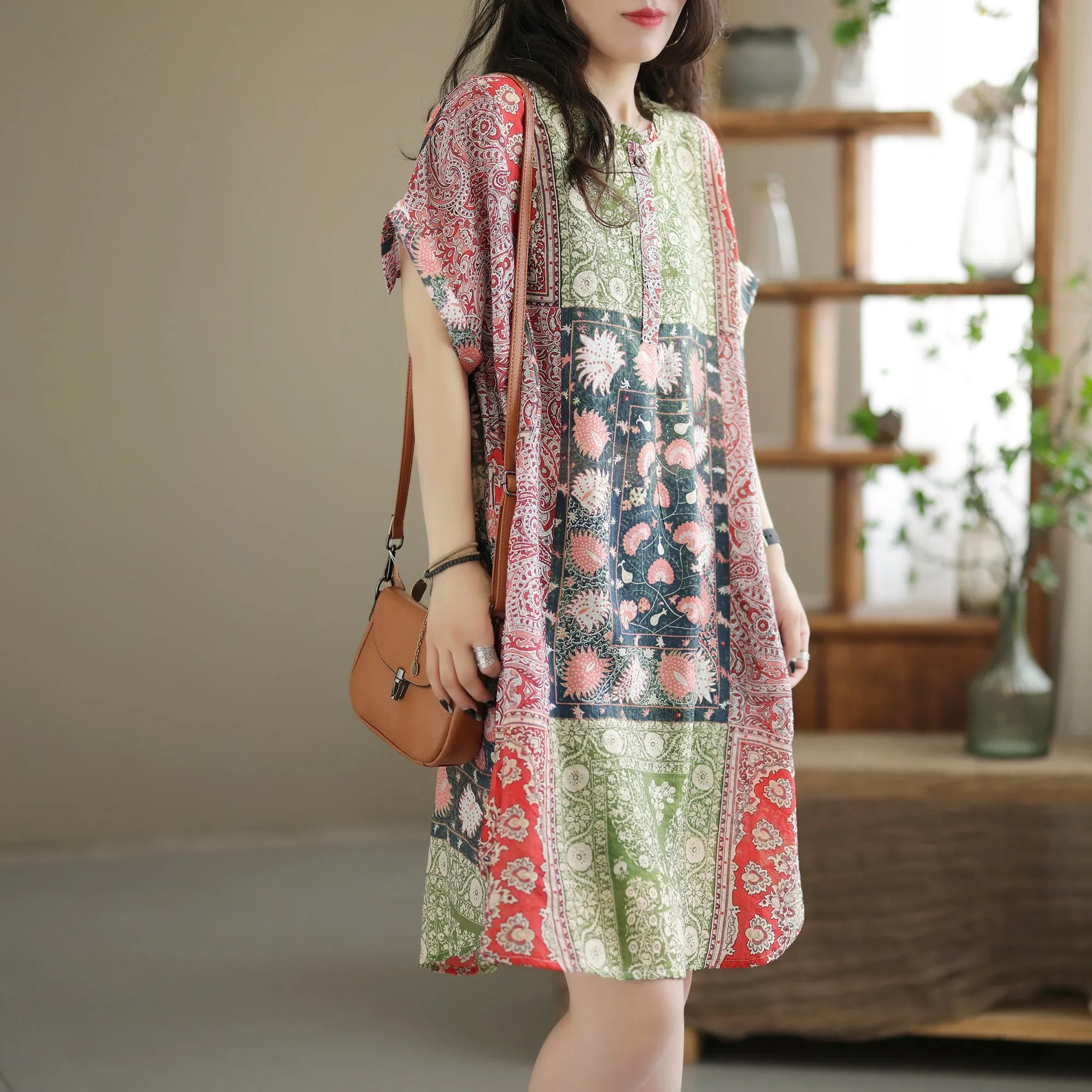 Summer Retro Printed Casual Linen Mini Dress