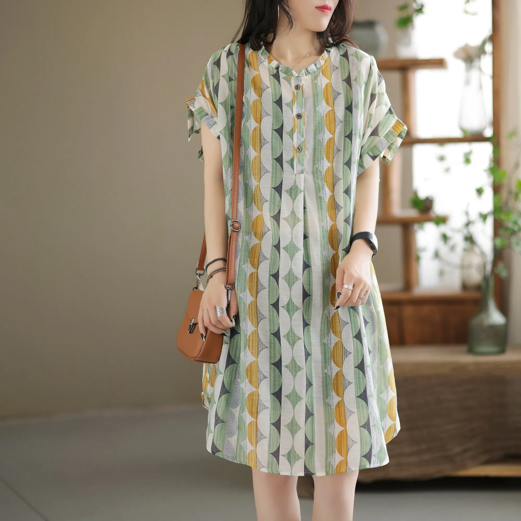 Summer Retro Printed Casual Linen Mini Dress