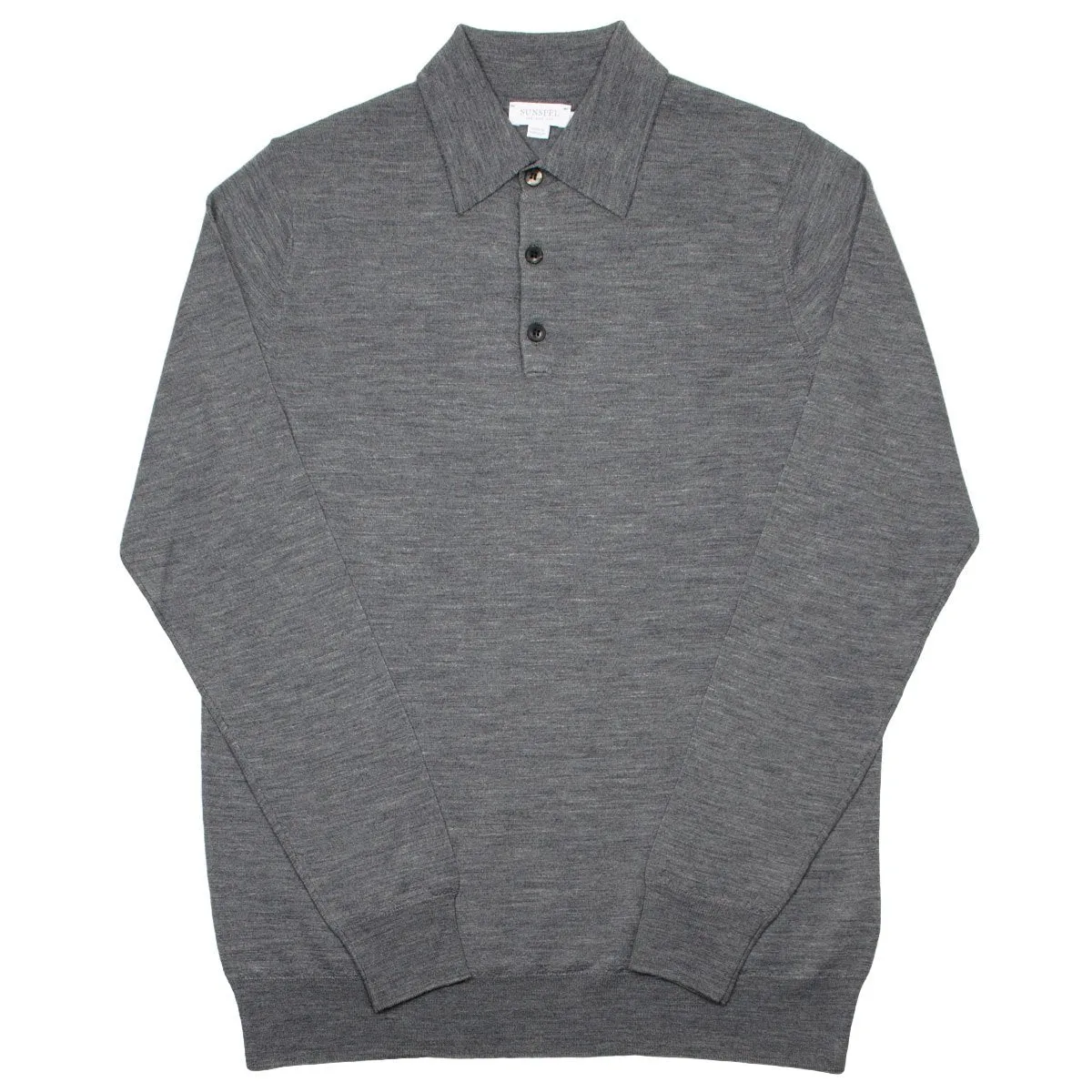 Sunspel - Long Sleeve Merino Polo - Mid Grey Melange