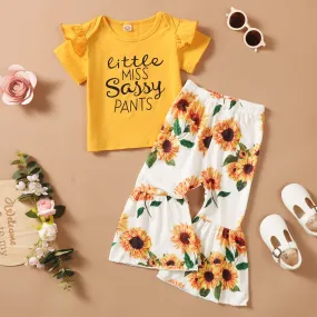 Toddler Kids Girls Solid Color Short-sleeved Letter T-shirt Floral Print Flared Pants Set