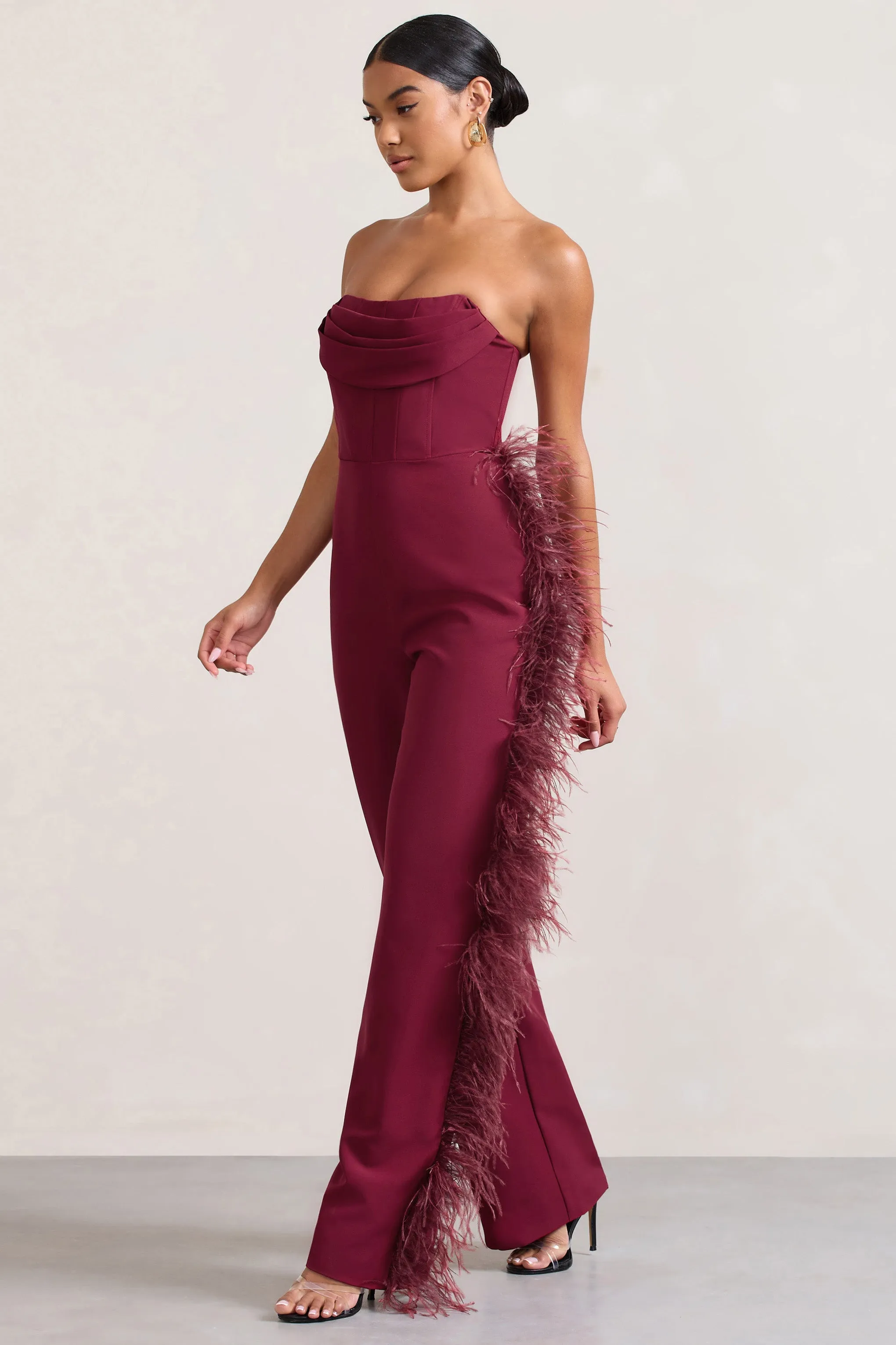 Topic Of Talk | Burgundy Strapless Bandeau Wide-Leg Jumpsuit With Feather Trim