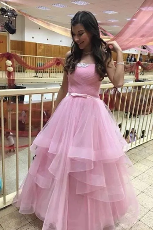 Unique Pink Tulle Long Prom Dresses, Strapless Belt Sweet 16 Dress STK15462