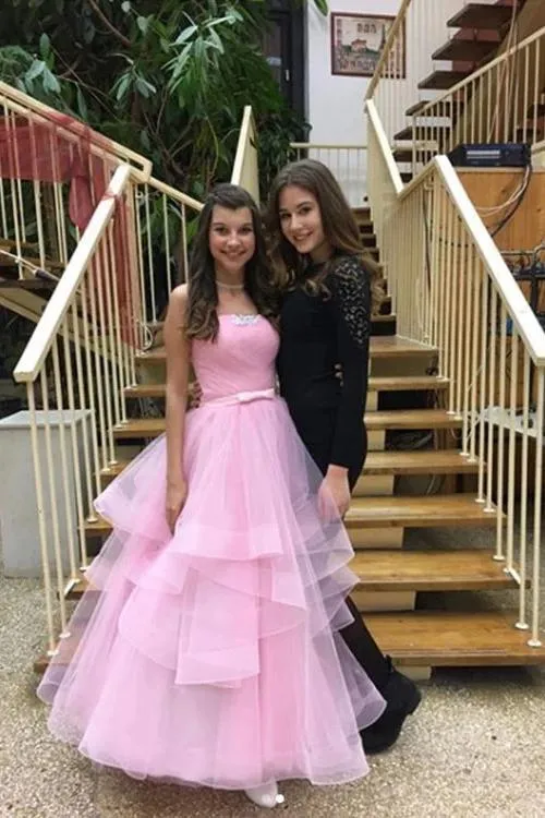 Unique Pink Tulle Long Prom Dresses, Strapless Belt Sweet 16 Dress STK15462