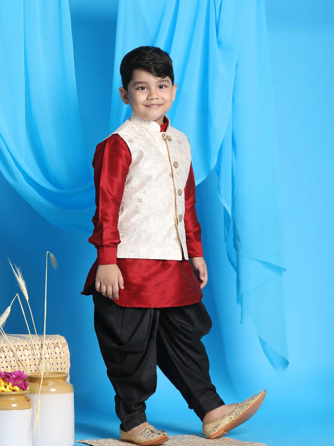 VASTRAMAY Boy's Beige Embroidered Nehru Jacket With Maroon Kurta And Black Dhoti Set