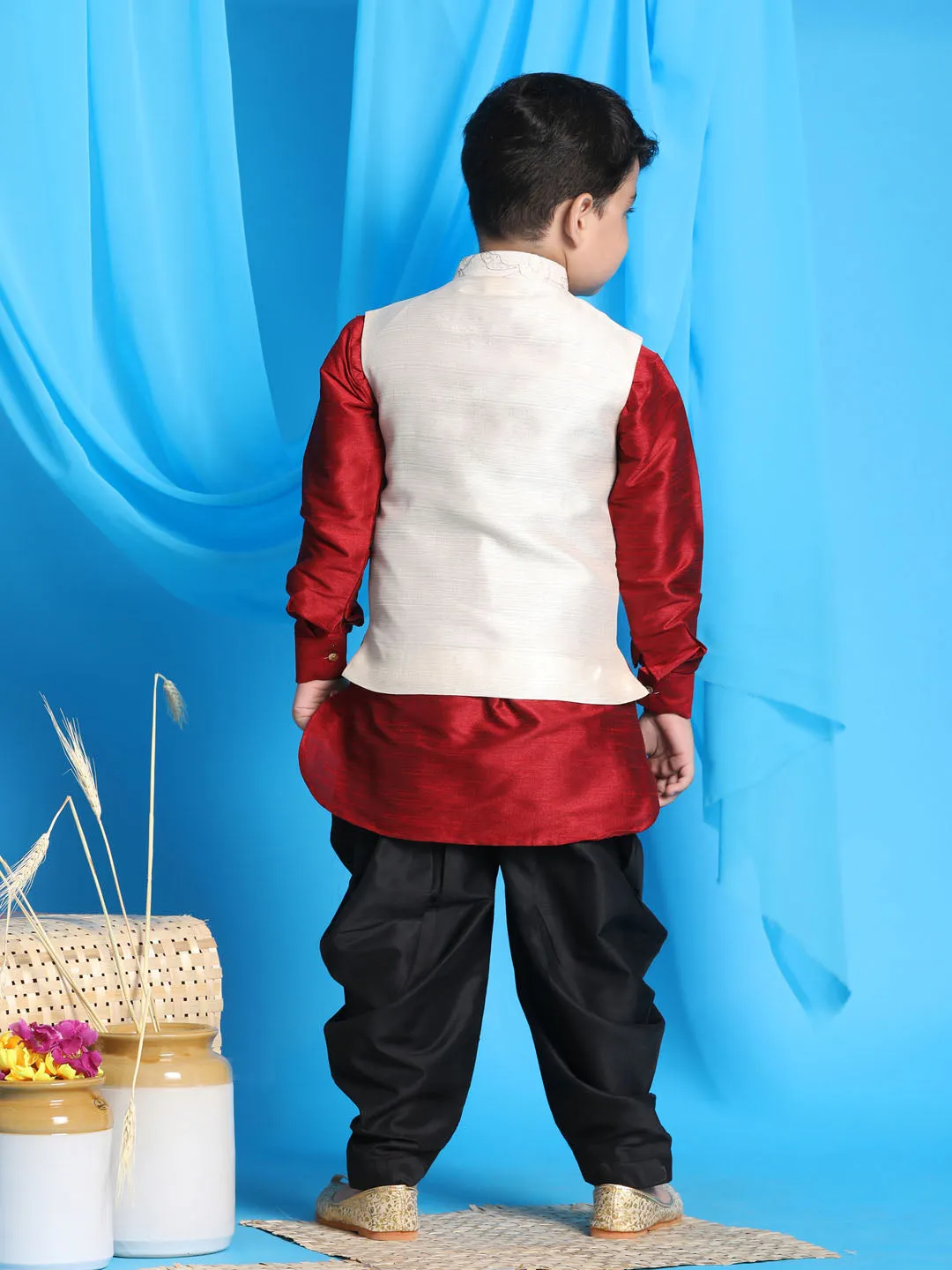 VASTRAMAY Boy's Beige Embroidered Nehru Jacket With Maroon Kurta And Black Dhoti Set