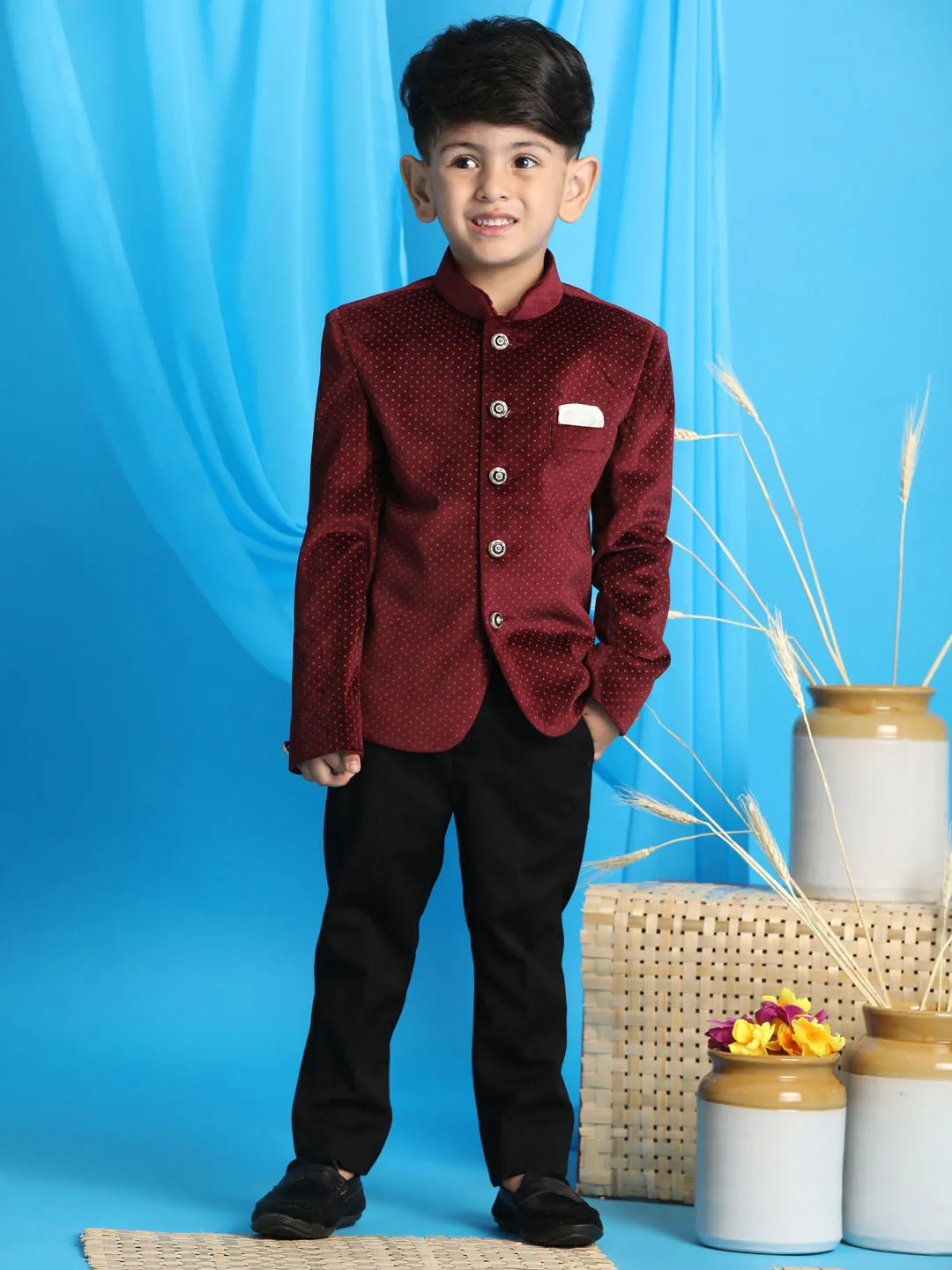 VASTRAMAY Boy's Maroon Polka Dot Printed Jodhpuri