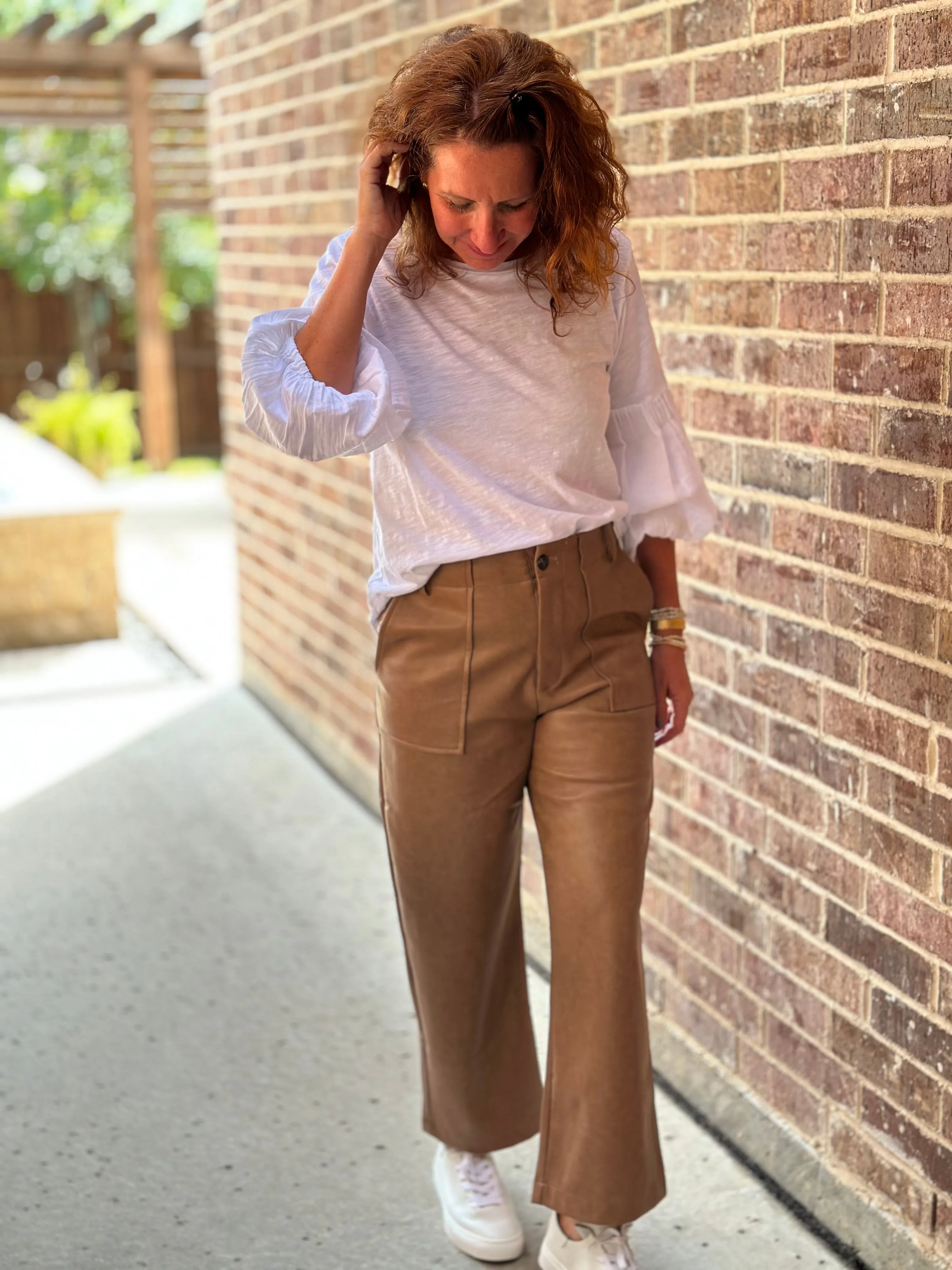 Vegan Leather Wide Leg Pant in Pecan