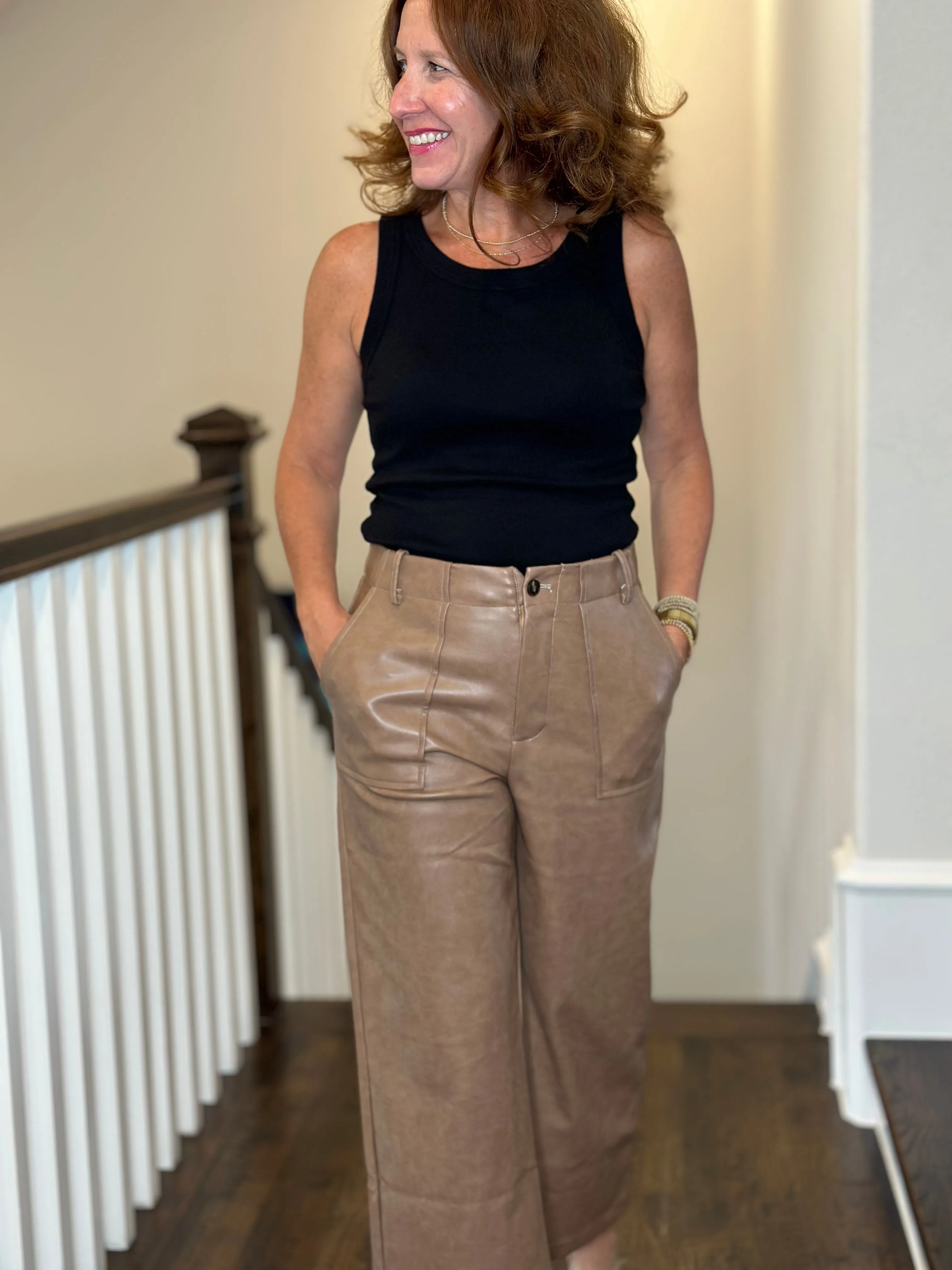 Vegan Leather Wide Leg Pant in Pecan