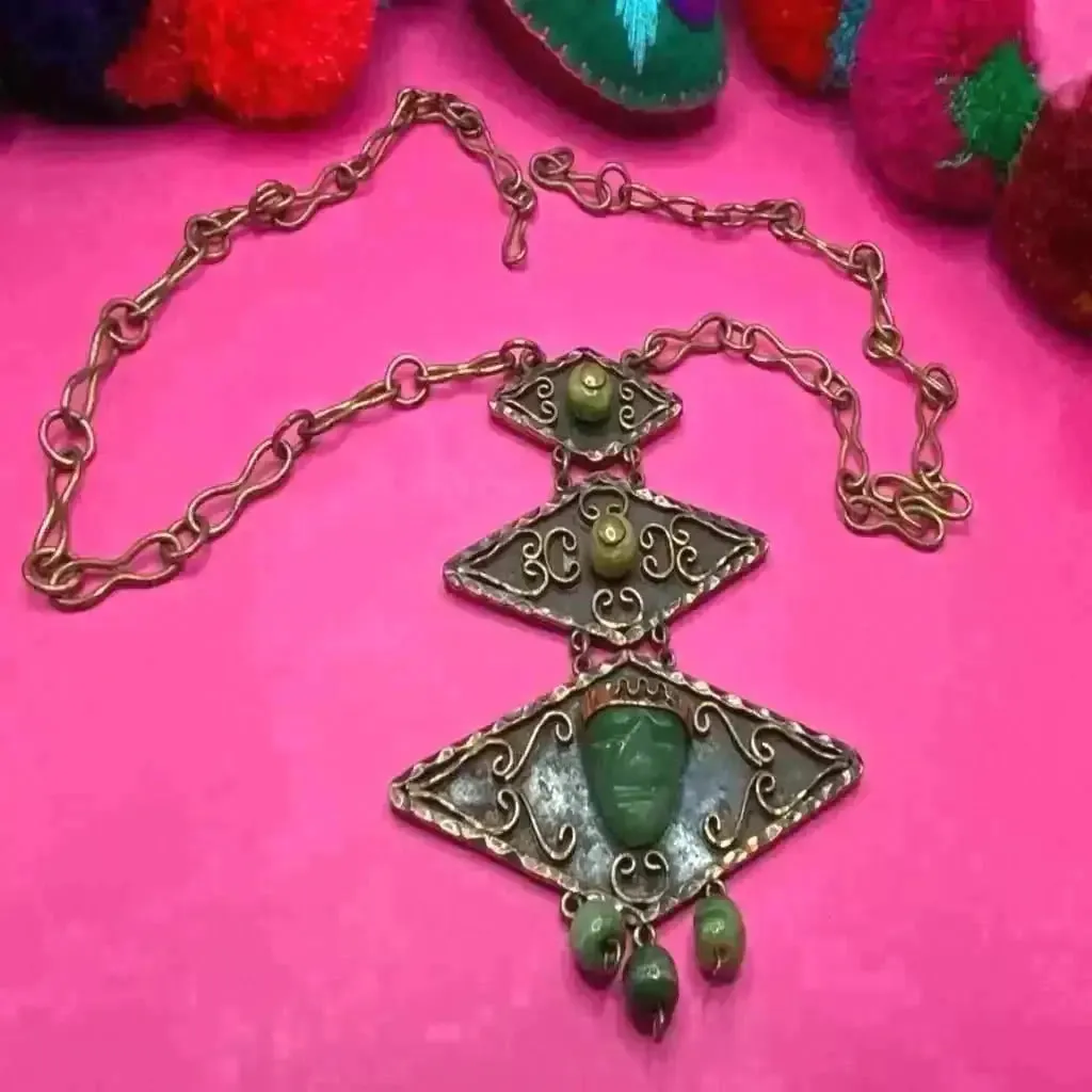 Vintage Brutalist Mexican inlaid copper necklace