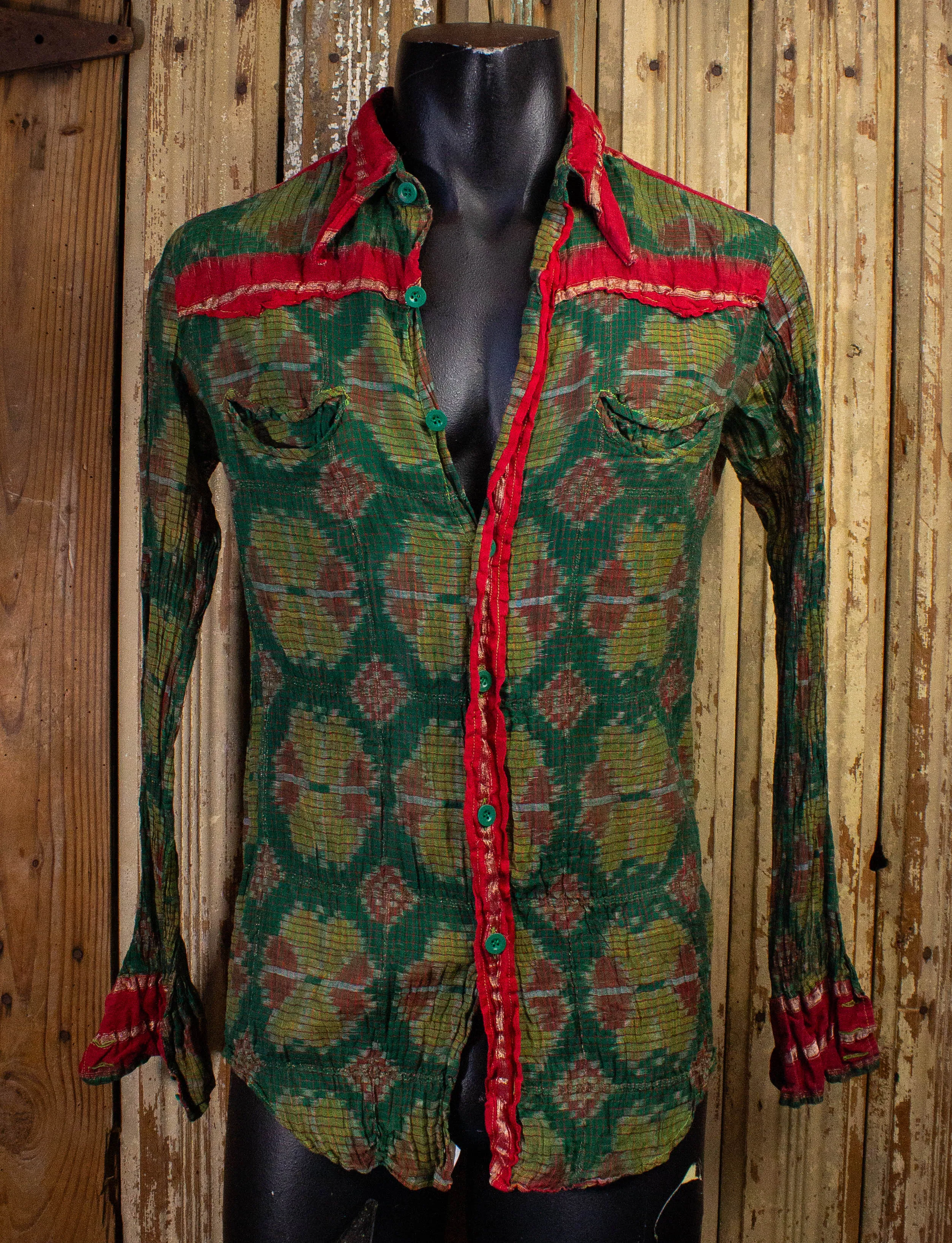 Vintage Gentleman John Button Up Shirt 70s Green/Red Medium