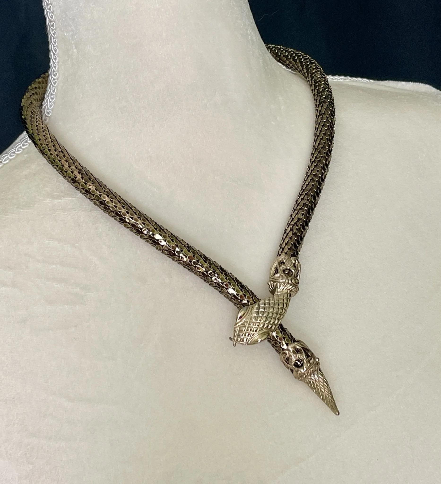 Vintage Gold Tone Snake Necklace by Whiting Davis. Adjustable Choker Lariat or Princess Pendant.