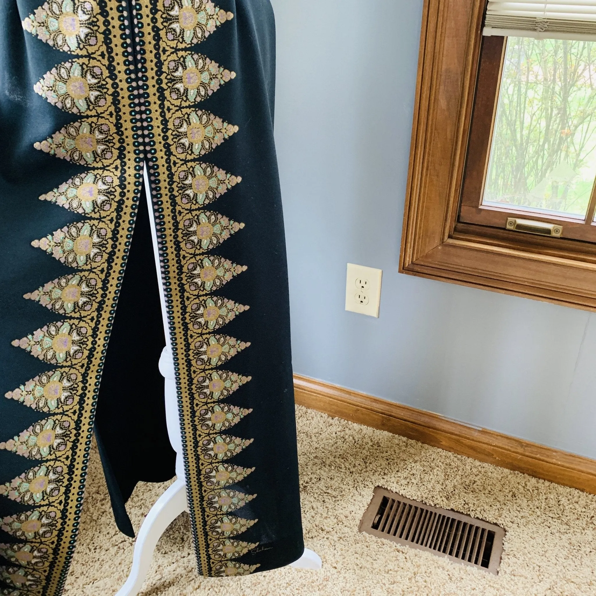 Vintage Shaheen Kimono Style Dress in Black with Gold Green and Purple Paisley Accents.