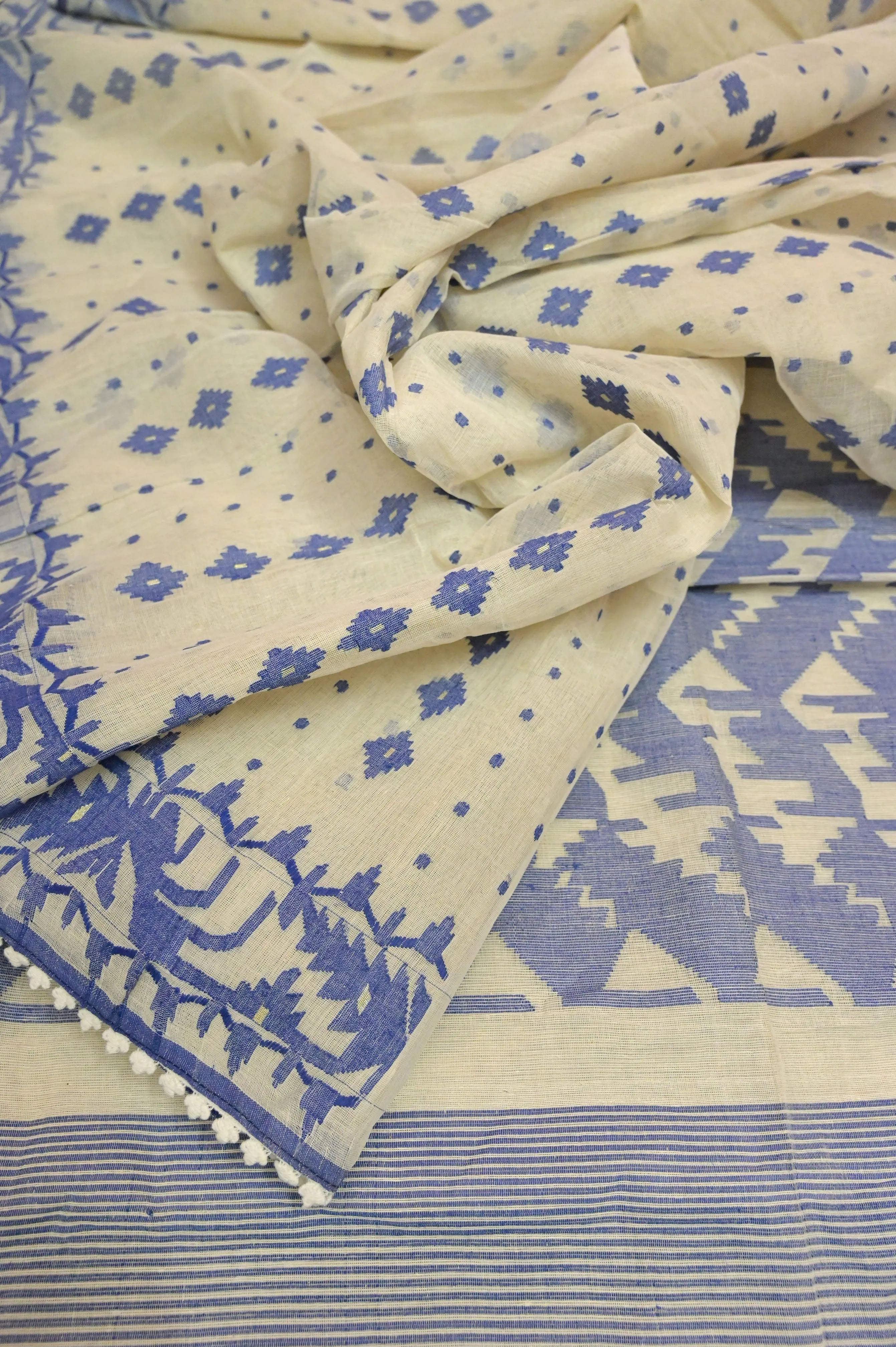 White and Blue Color Bangladeshi Jamdani Saree with Lace Work