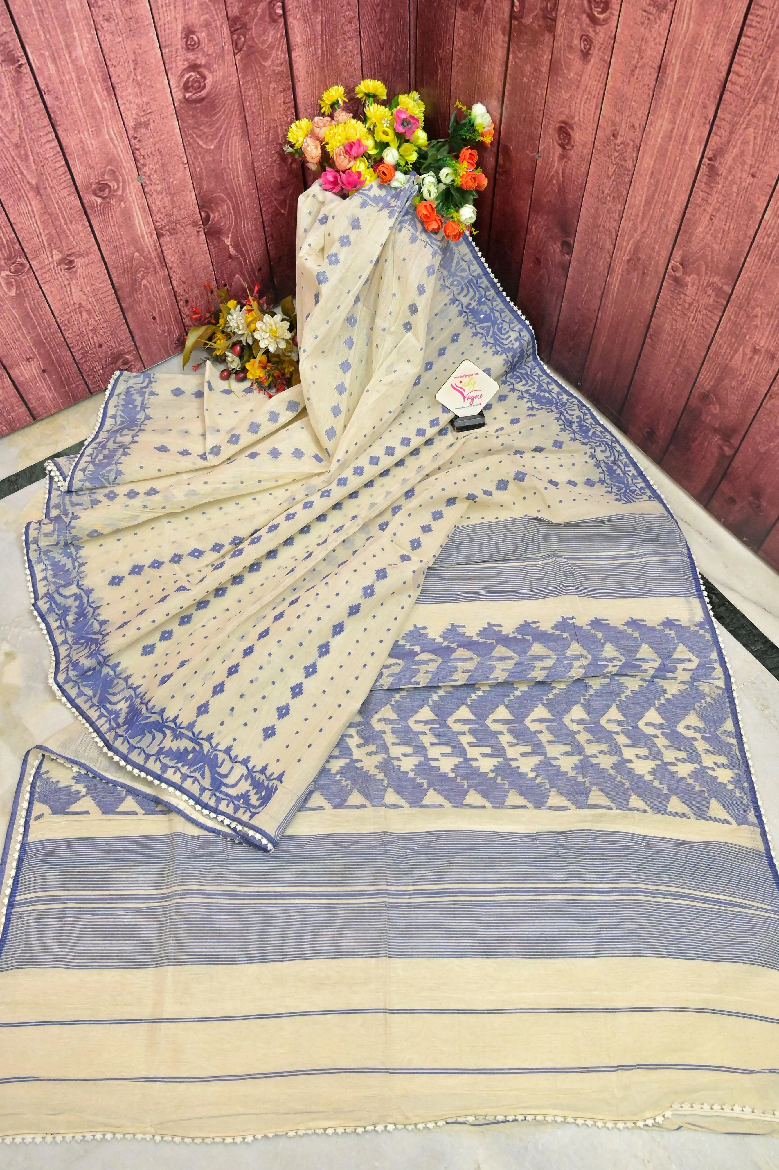 White and Blue Color Bangladeshi Jamdani Saree with Lace Work