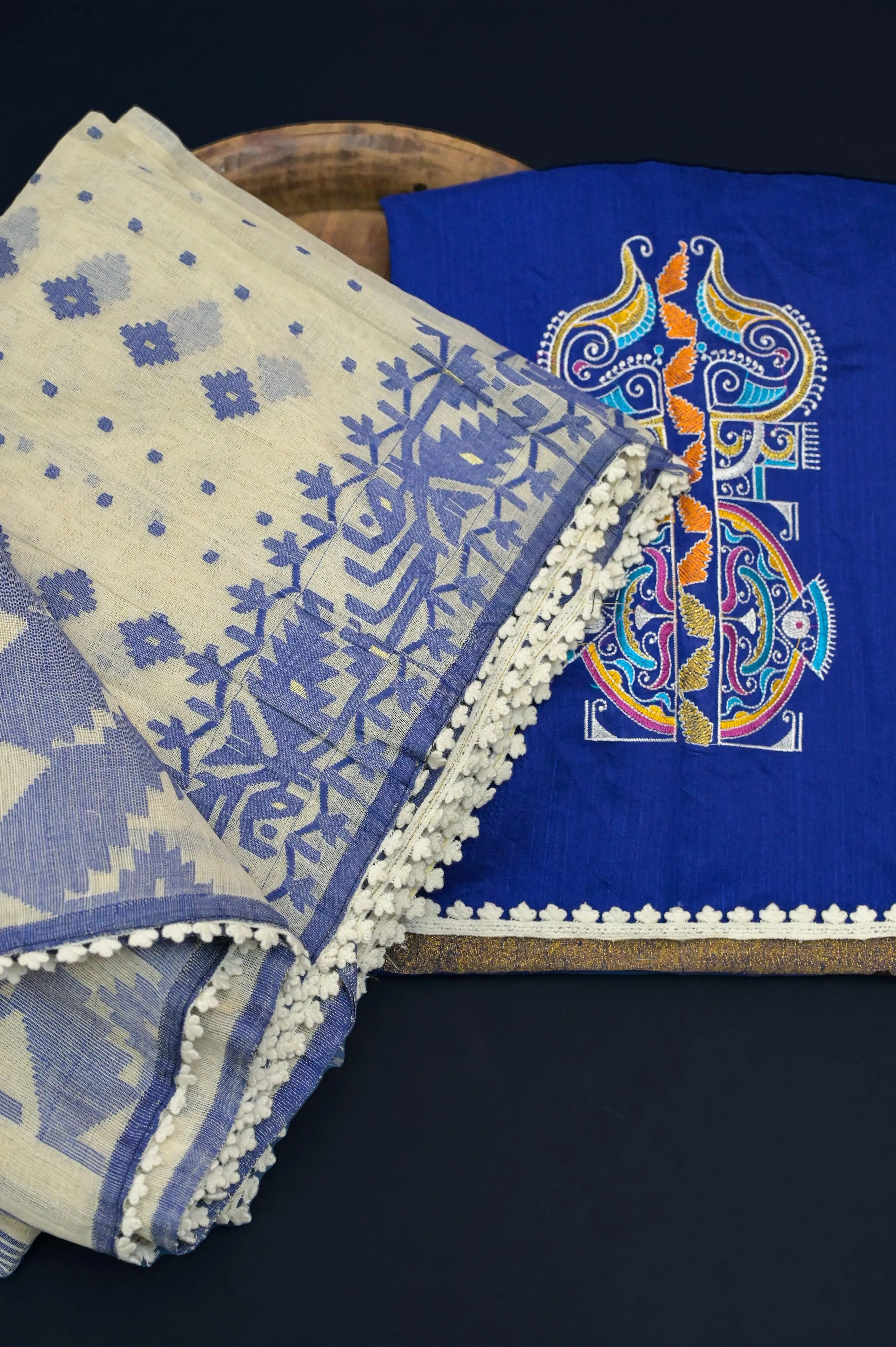 White and Blue Color Bangladeshi Jamdani Saree with Lace Work