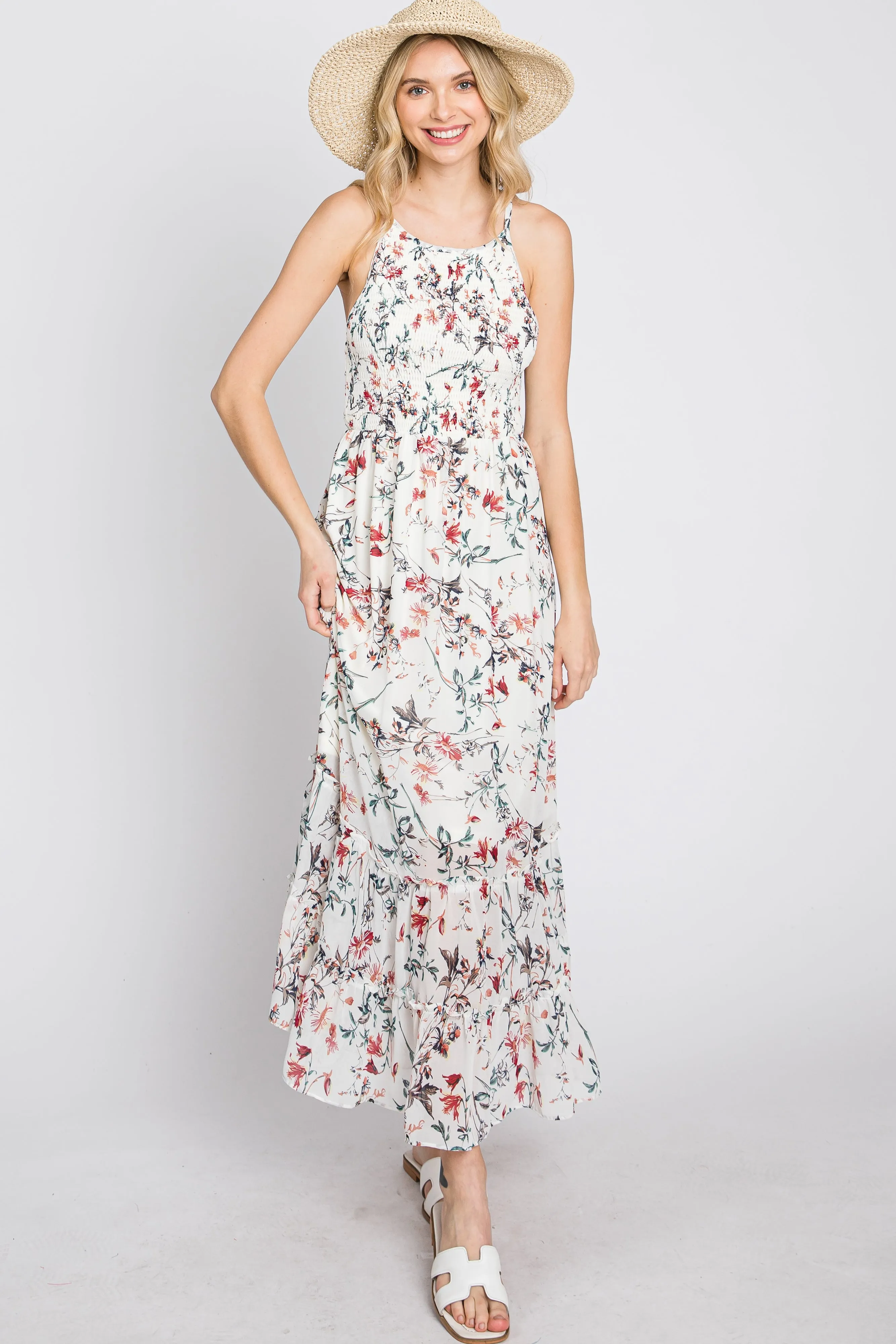 White Floral Chiffon Smocked Midi Dress