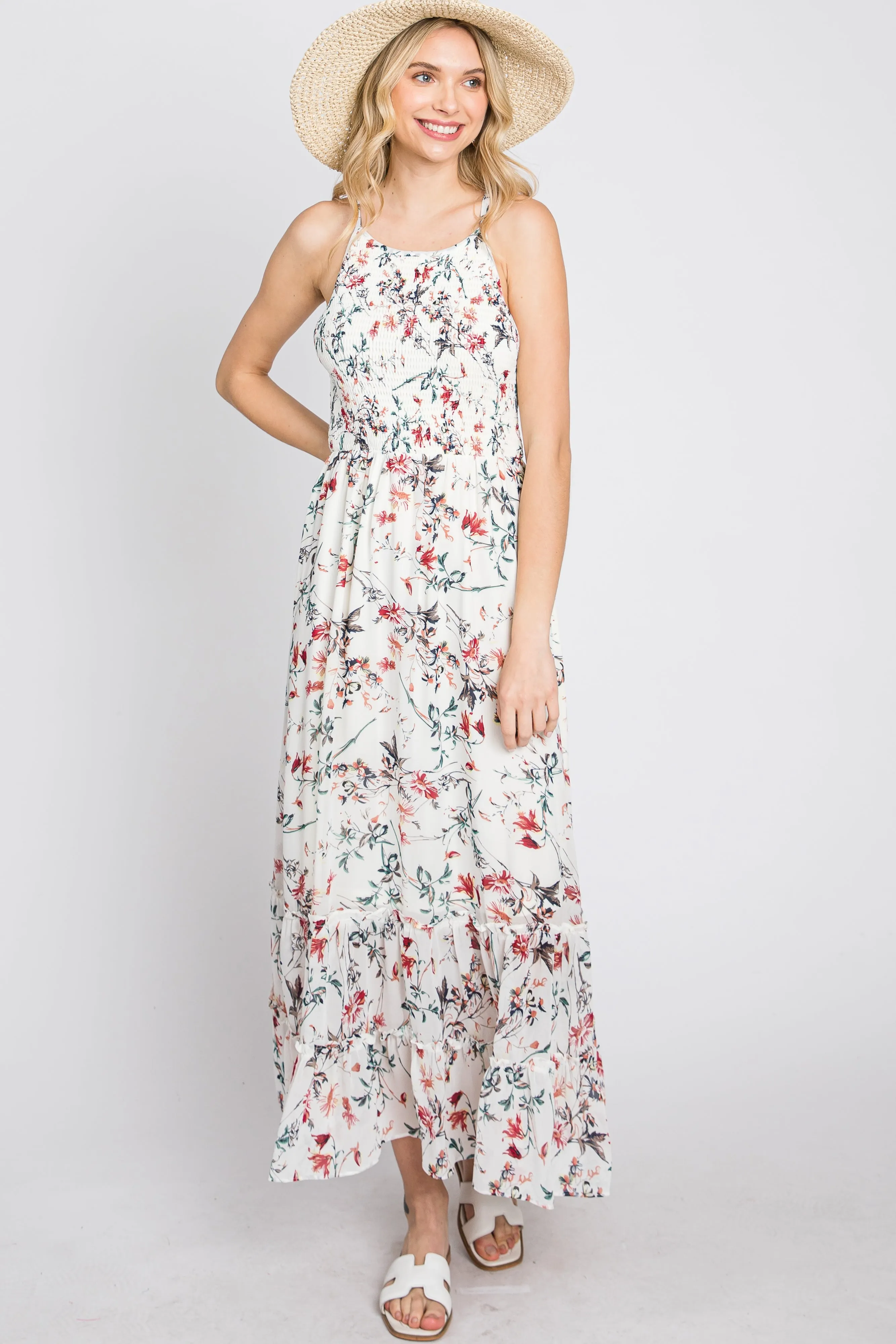 White Floral Chiffon Smocked Midi Dress