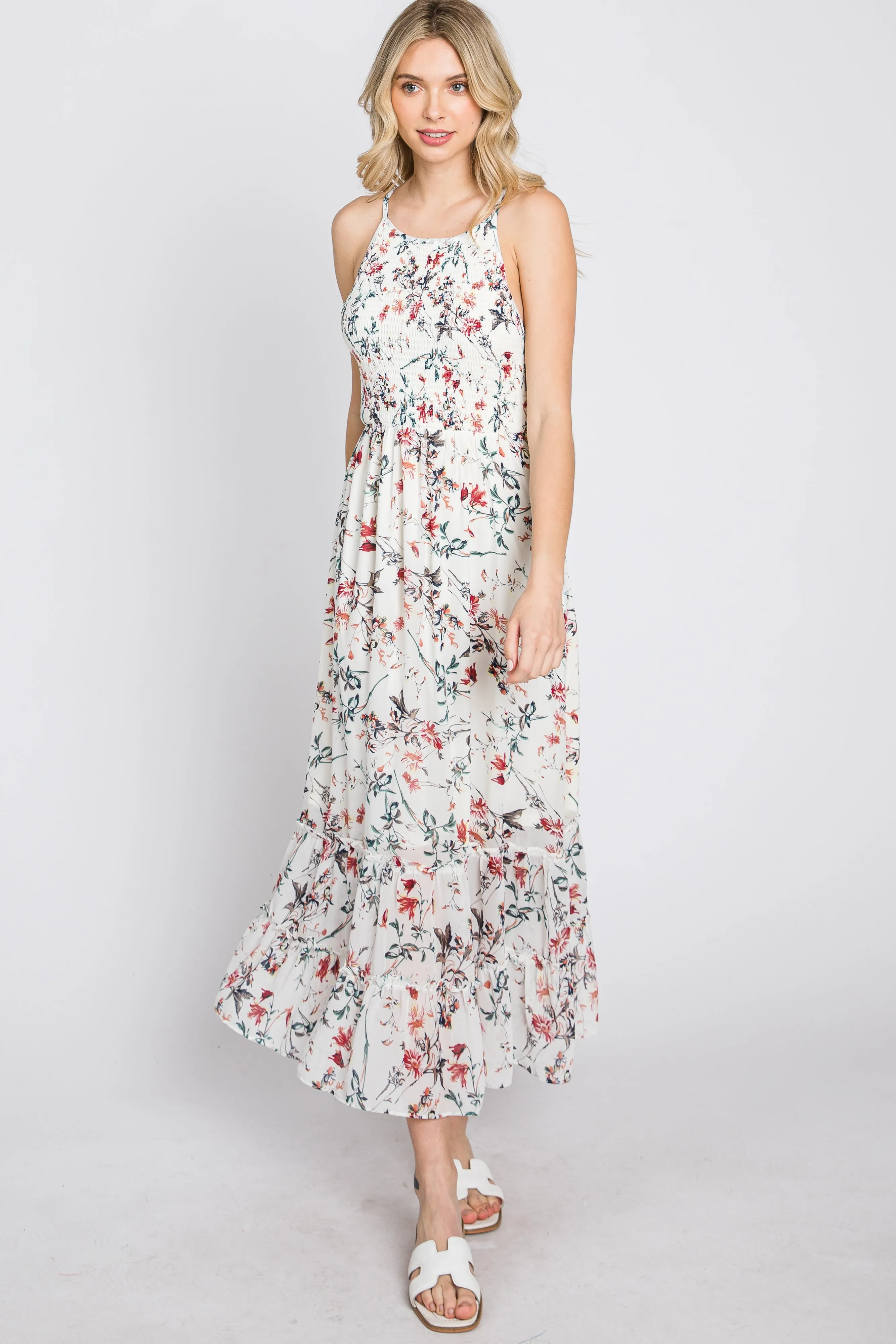 White Floral Chiffon Smocked Midi Dress