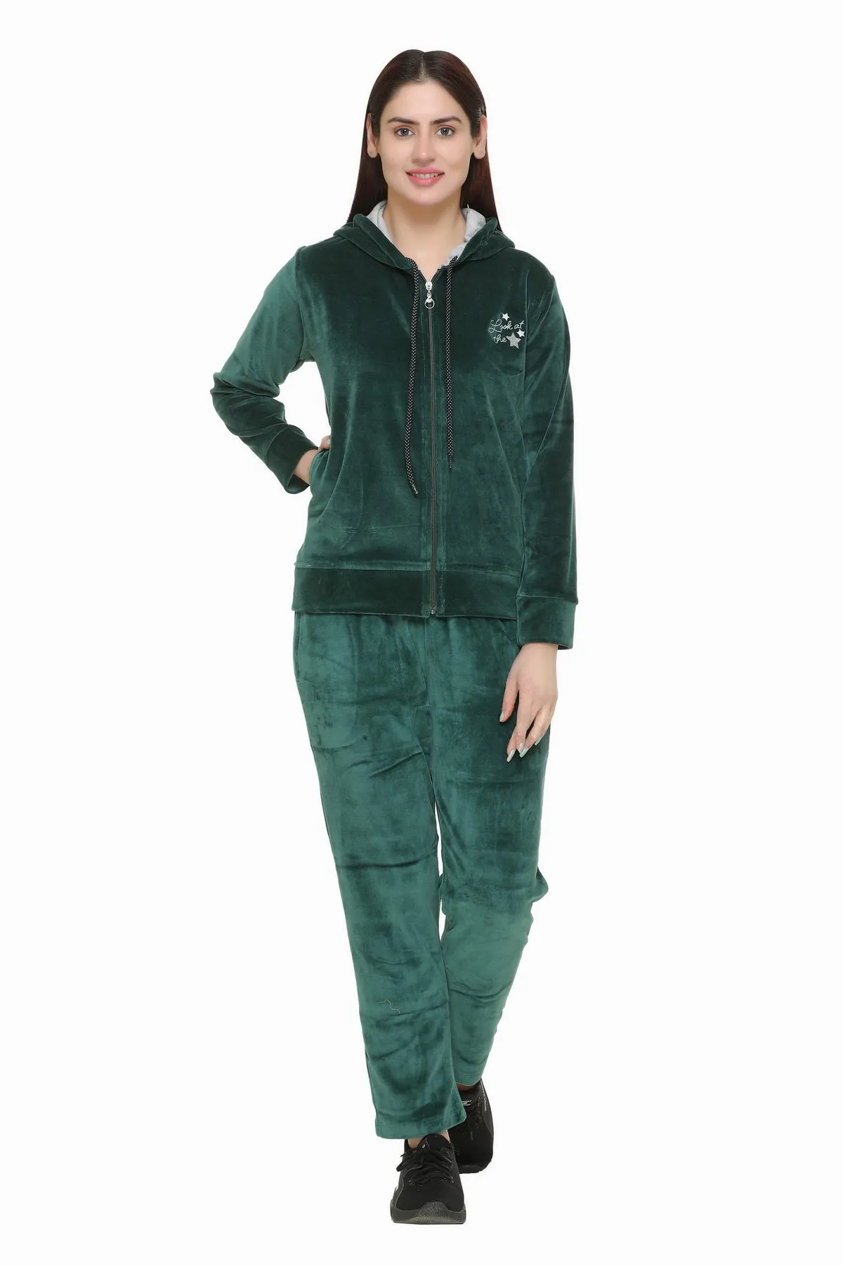 Winter Cotton Velvet Tracksuit For Women - Bottle Green