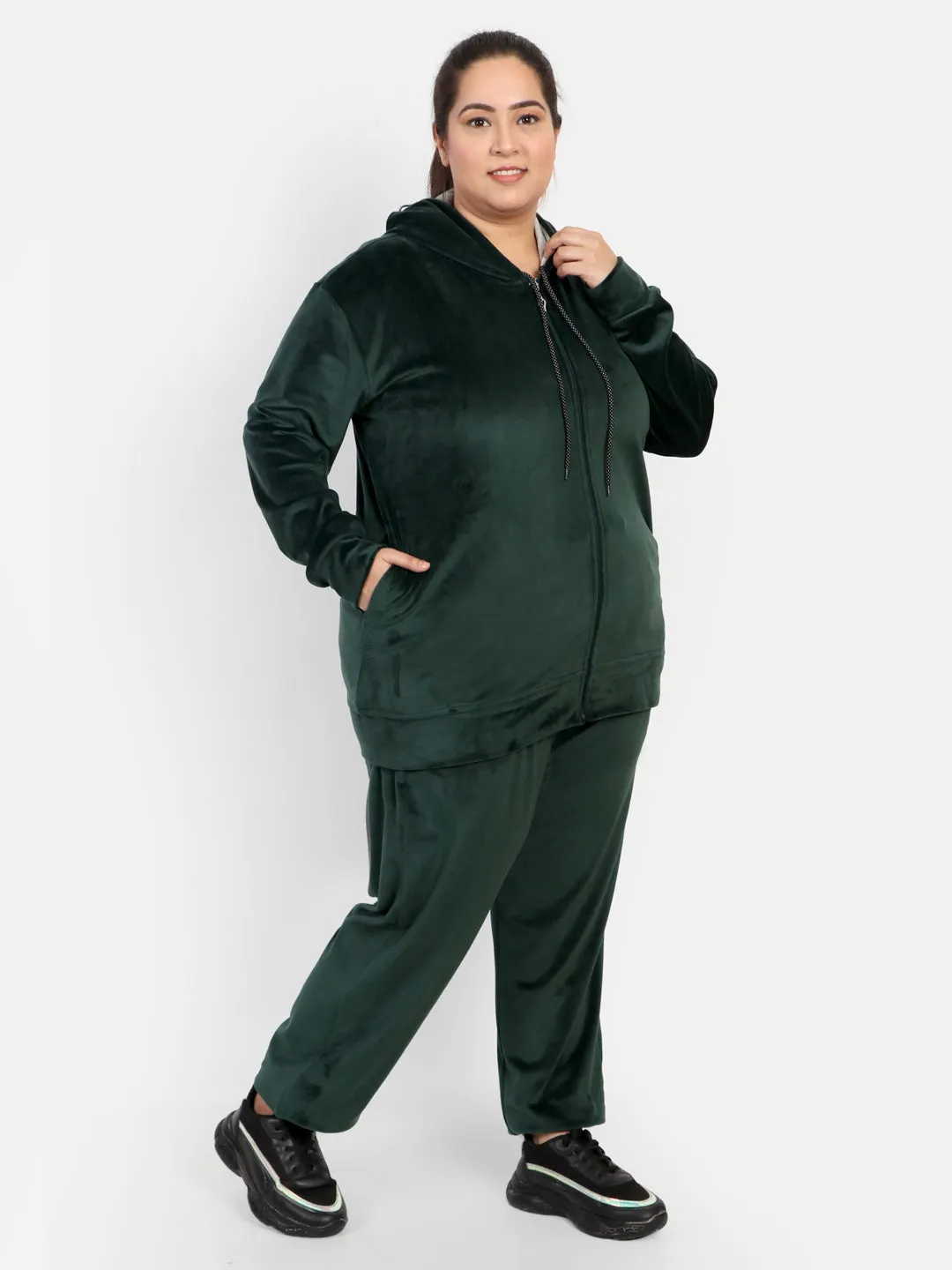 Winter Cotton Velvet Tracksuit For Women - Bottle Green