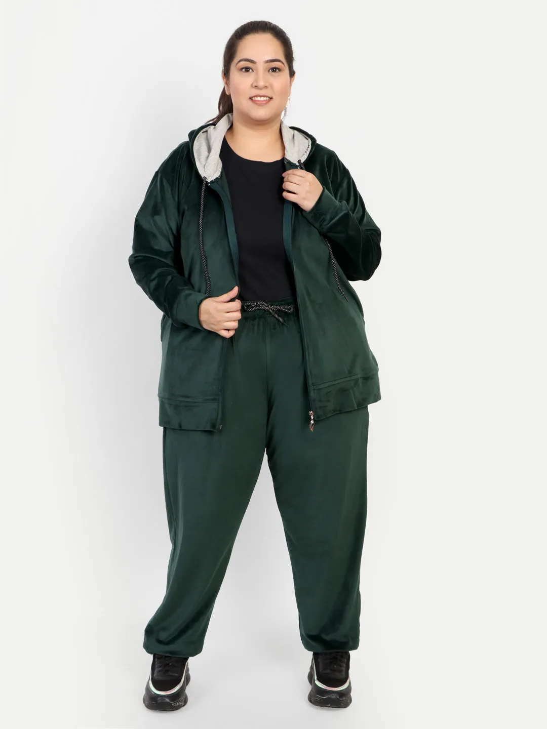 Winter Cotton Velvet Tracksuit For Women - Bottle Green