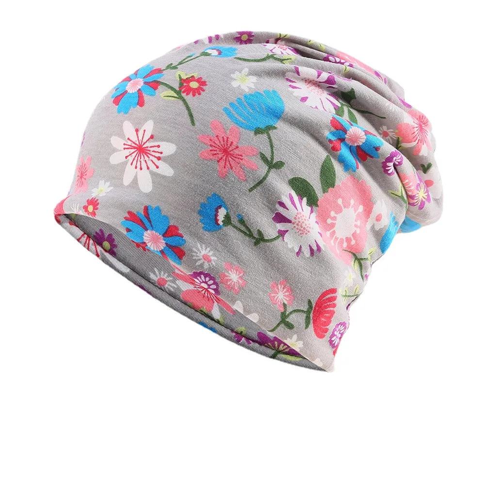 Women Cotton Colored Floral Printing Pattern Casual Outdoor Dual-Use Neck Protection Brimless Beanie