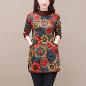 Women Elegant Pullovers  Fashion Floral Print Long Sleeve Pockets T-shirt