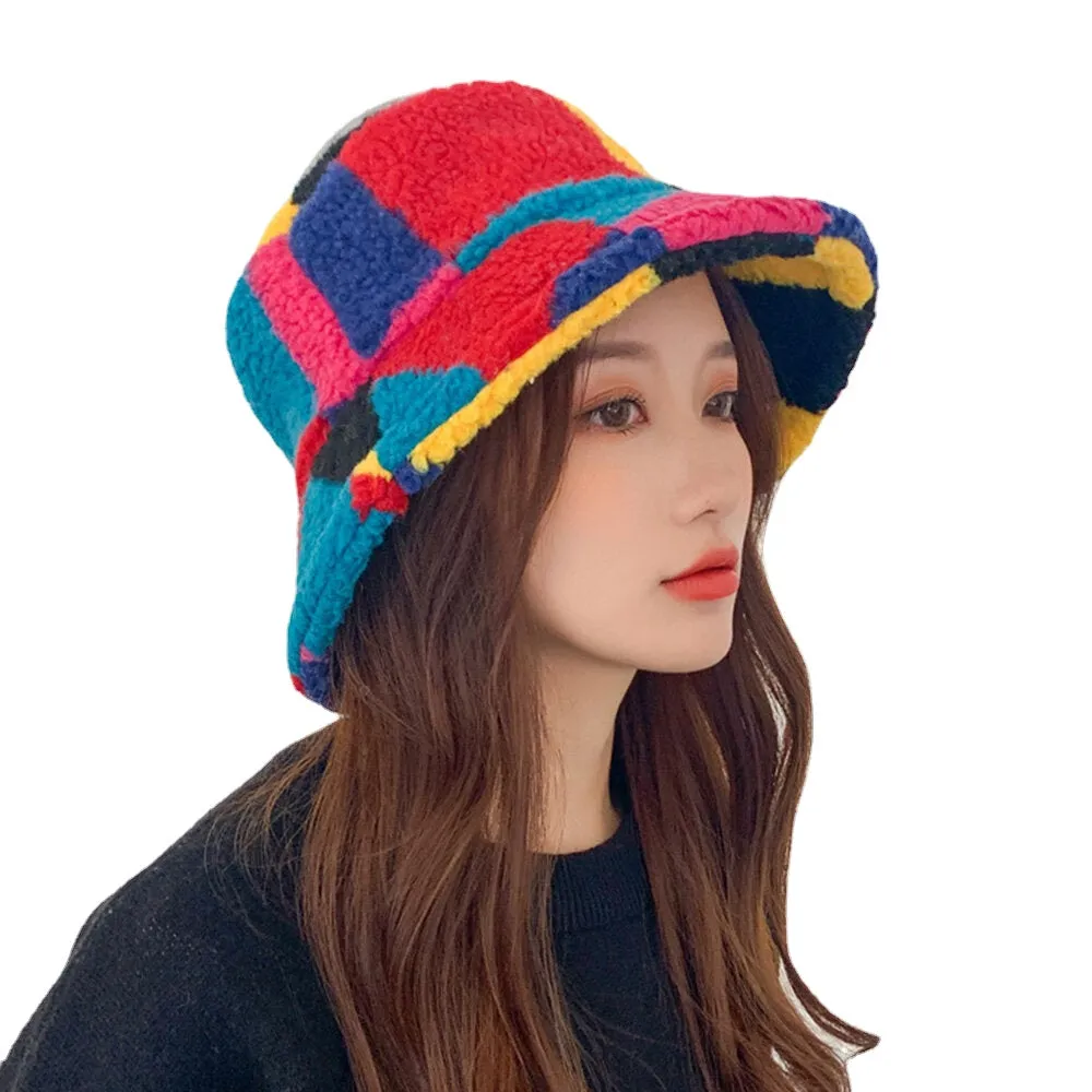 Women Lamb Fur Color Stitching Lattice Bucket Hat Winter Thicken Warm Windproof Fluffy Fisherman Caps