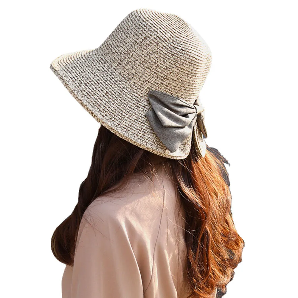 Women Rear Split Design Three-dimensional Hat Brim Straw Hat Big Bow Decoration Foldable Breathable Outdoor Casual Sunshade Bucket Hat