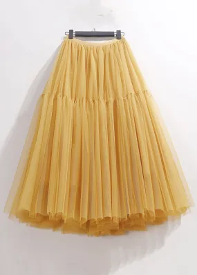 Women Yellow Wrinkled Elastic Waist Tulle Skirt Summer AS1095