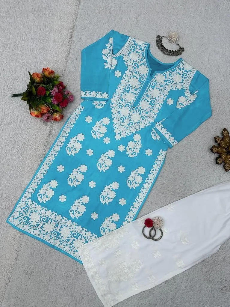 Women's Blue Lucknowi Chikankari Kurti Pant Set