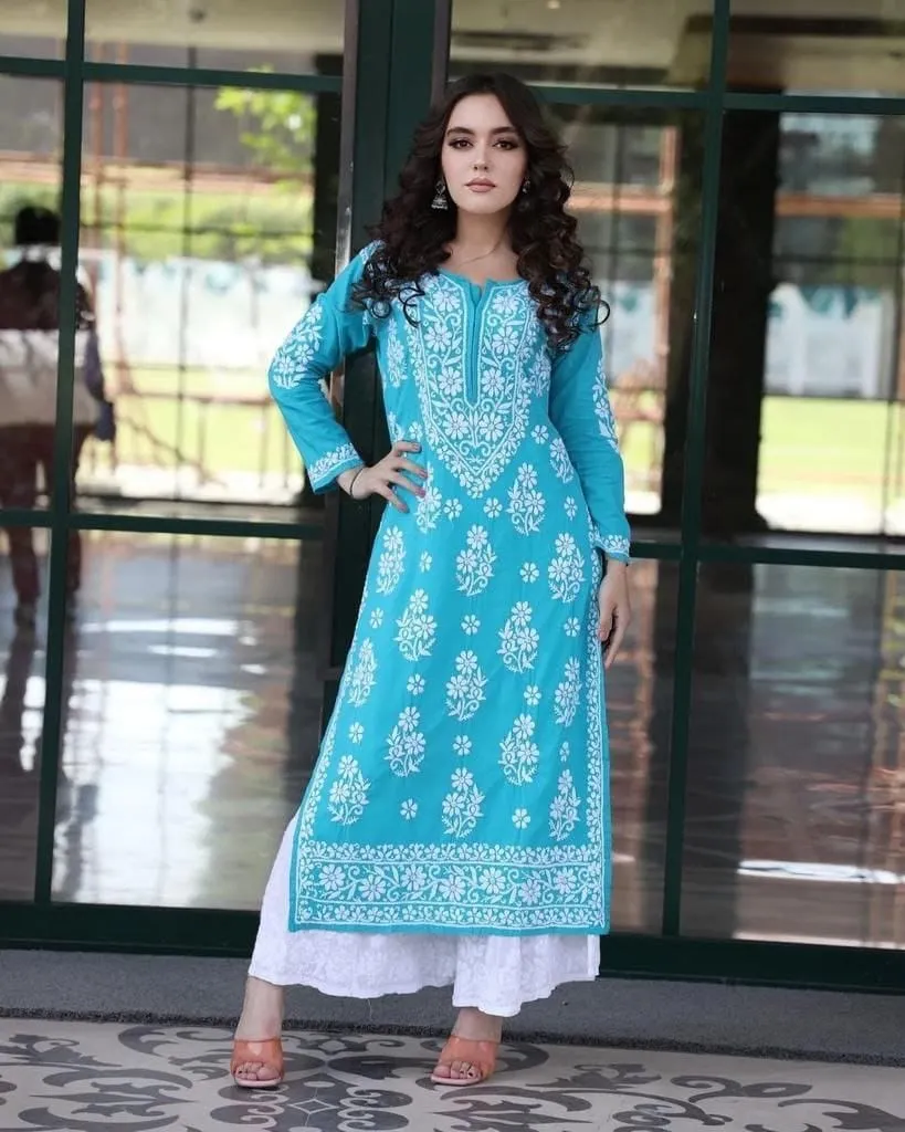 Women's Blue Lucknowi Chikankari Kurti Pant Set