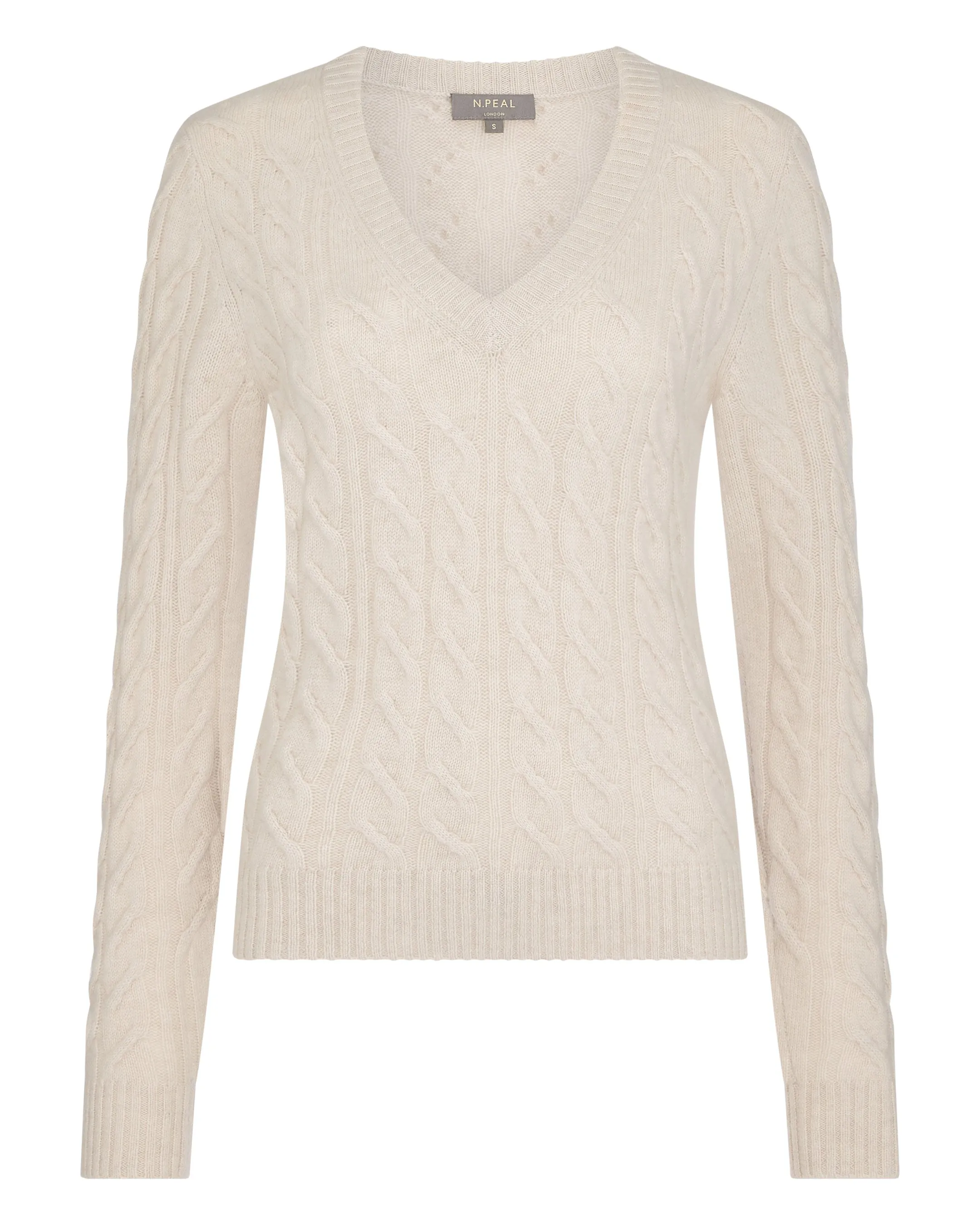 Women's Frankie Cable V Neck Cashmere Sweater Ecru White