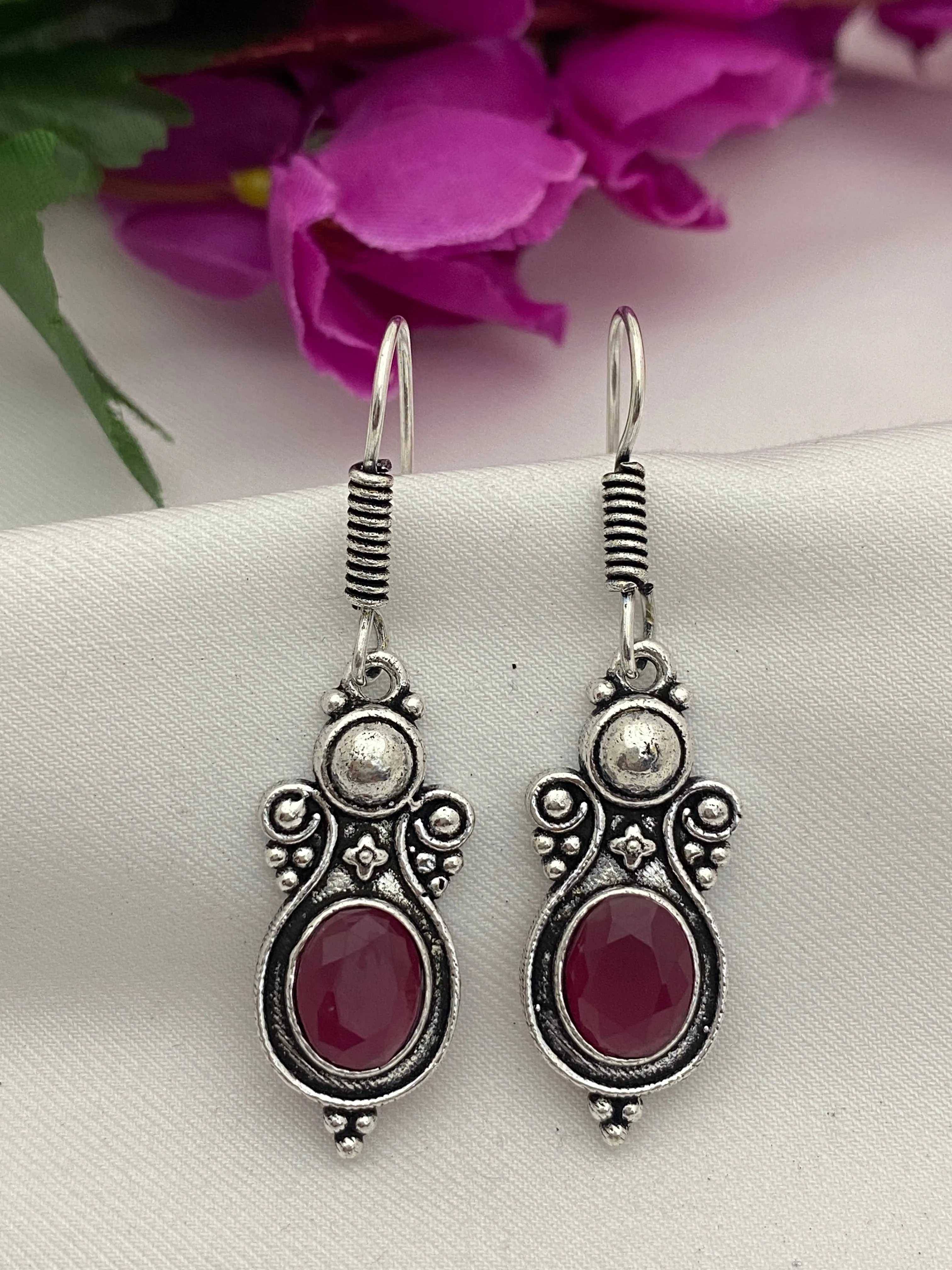 Wonderful Oxidized Maroon Color Stone Earrings For Women