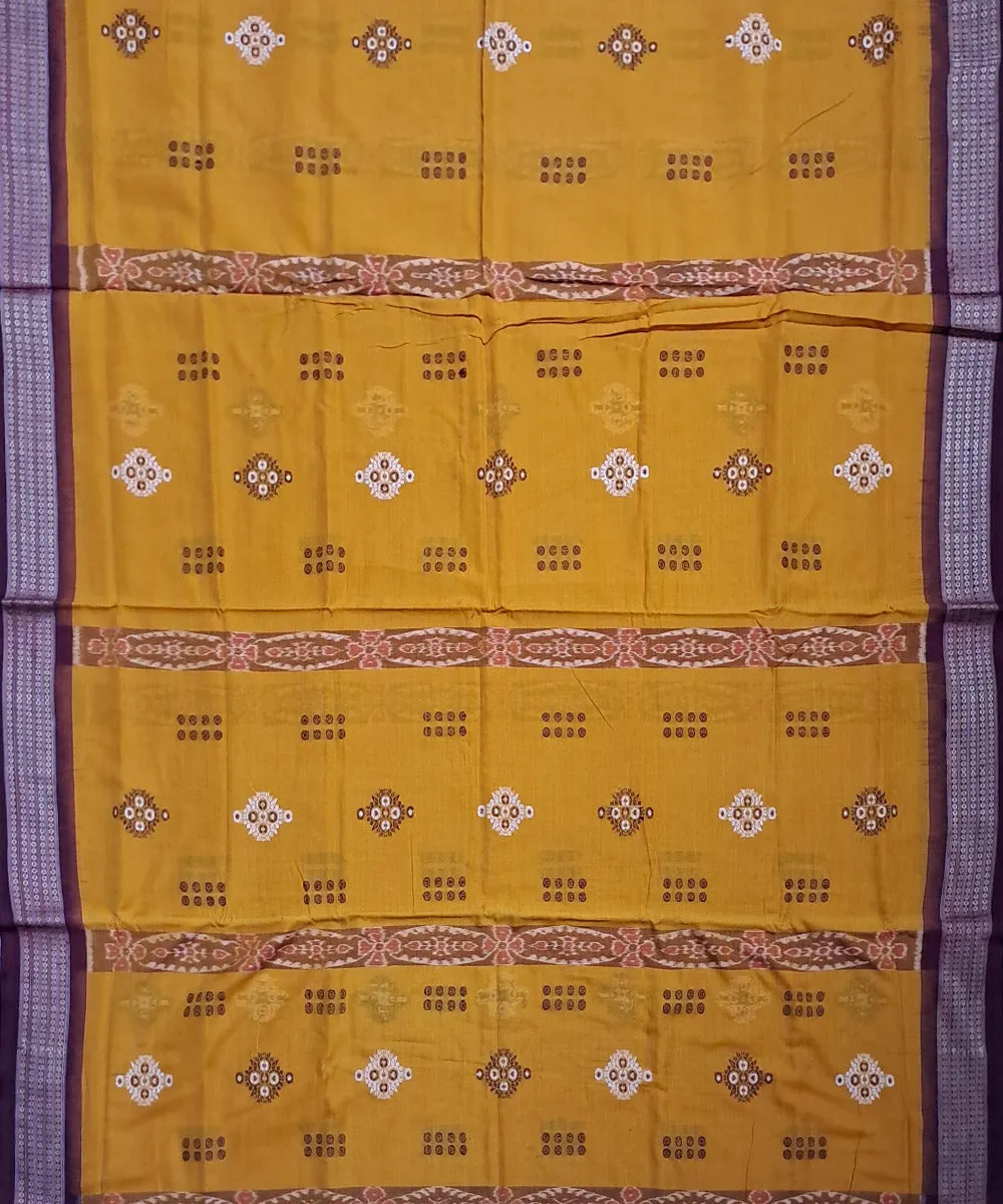 Yellow deep maroon cotton handloom bomkai saree